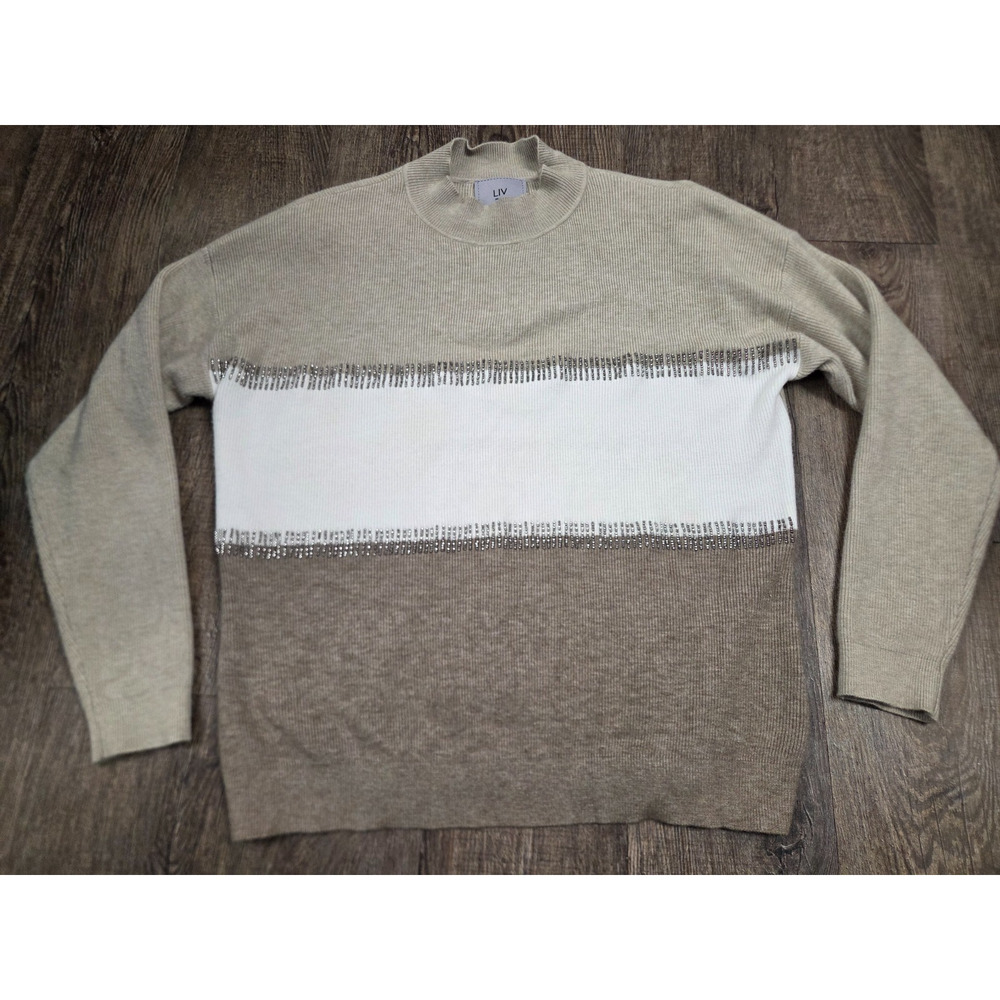 LIV Milano Beige White Brown Beaded Pullover Sweater Women's Medium Very Soft